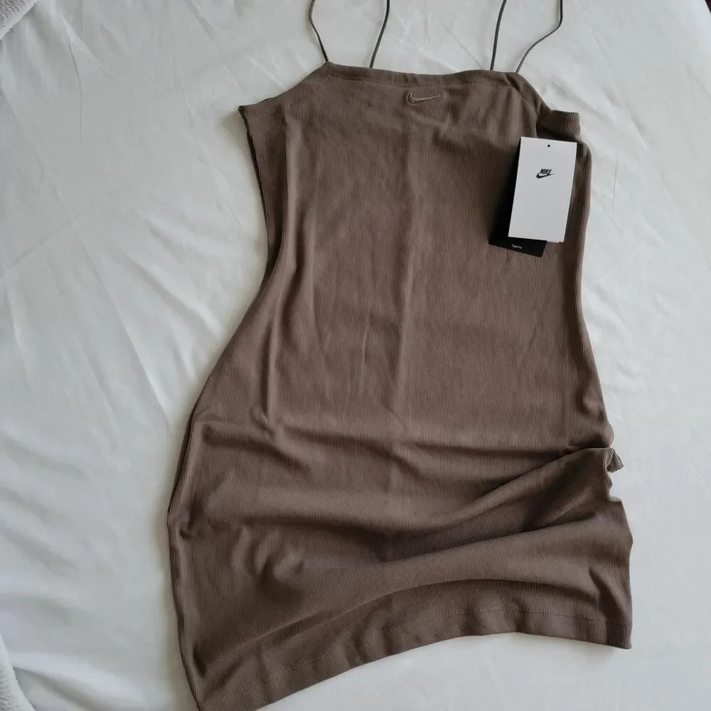 NWT NIKE women's mini-rib stretch tank dress in taupe brown, size small.